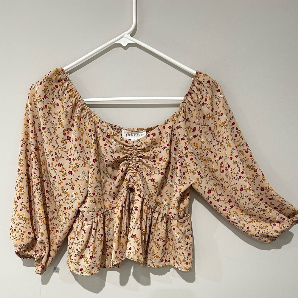 Pink Rose Rust Floral Peplum Tie-Front Blouse with Pink Accents - Picture 2 of 3